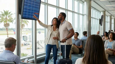 Traveler pulling luggage toward a parked car rental outside an Orlando airport terminal