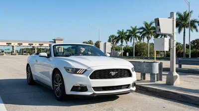 White car hire driving under an electronic toll plaza on a sunny Florida highway