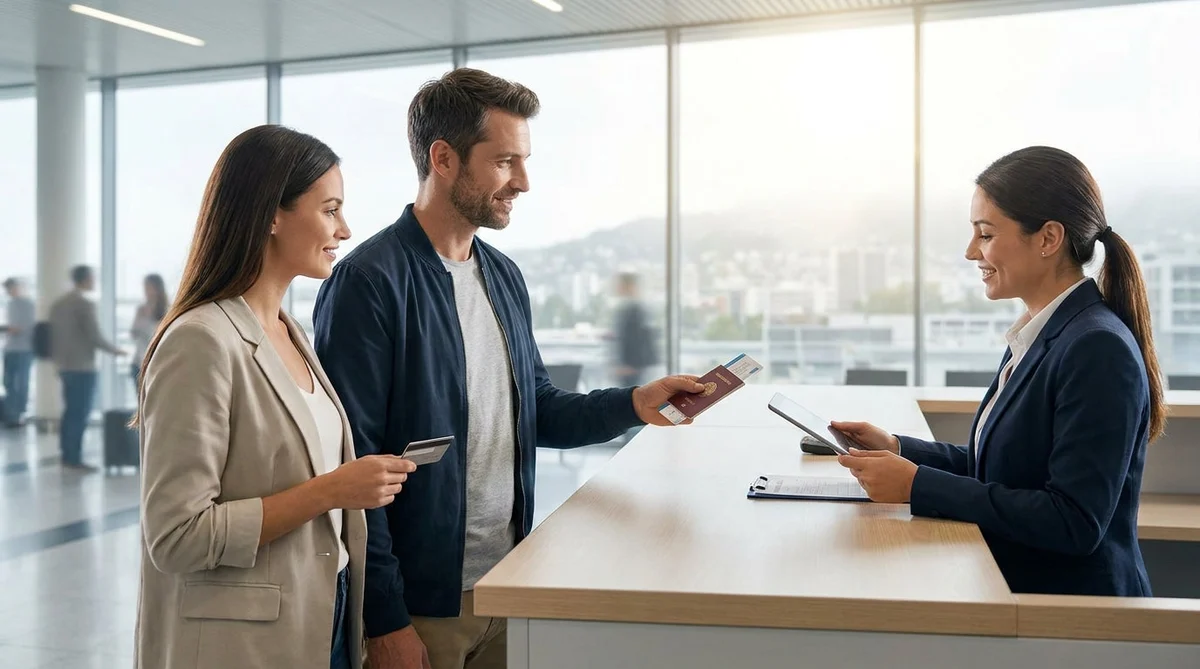Customer handing documents to an agent at a car rental desk in San Francisco