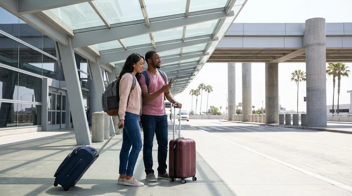 Travelers with luggage boarding a car hire shuttle bus outside LAX Terminal 5 in Los Angeles