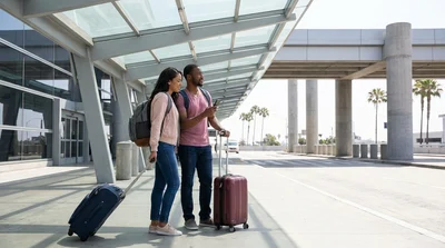 Travelers with luggage boarding a car hire shuttle bus outside LAX Terminal 5 in Los Angeles