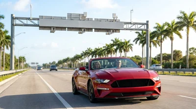 White car rental driving through a highway toll booth under a sunny sky in Florida