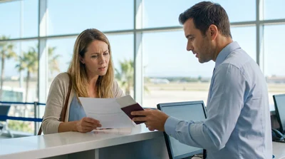 Person handing a driver's license across a service desk to pick up a car rental in Miami