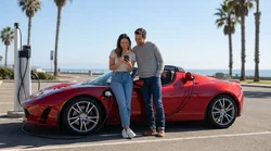 Person holding a smartphone beside an electric car rental at a charging station in California