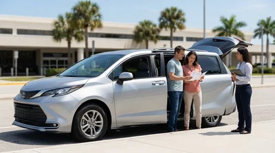 Person reviewing car rental paperwork next to a white vehicle on a sunny Florida street lined with palm trees