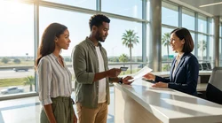 Customer handing documents to a clerk at a car rental counter in Texas