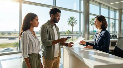 Customer handing documents to a clerk at a car rental counter in Texas