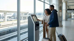 Traveler scanning an AirTrain ticket at JFK Airport in New York near the car rental pick-up area