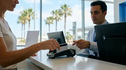 Customer handing a credit card to an agent at an Orlando car hire desk