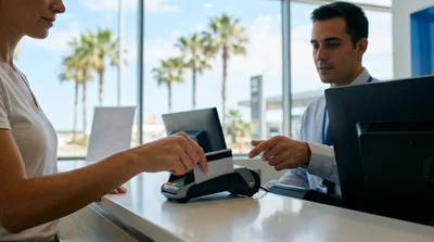 Customer handing a credit card to an agent at an Orlando car hire desk