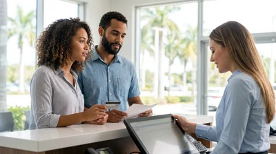 Customer handing a charge card to an agent at a Florida car rental desk