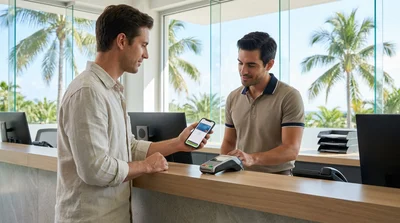 Person holding a smartphone to pay at a car hire counter in Miami