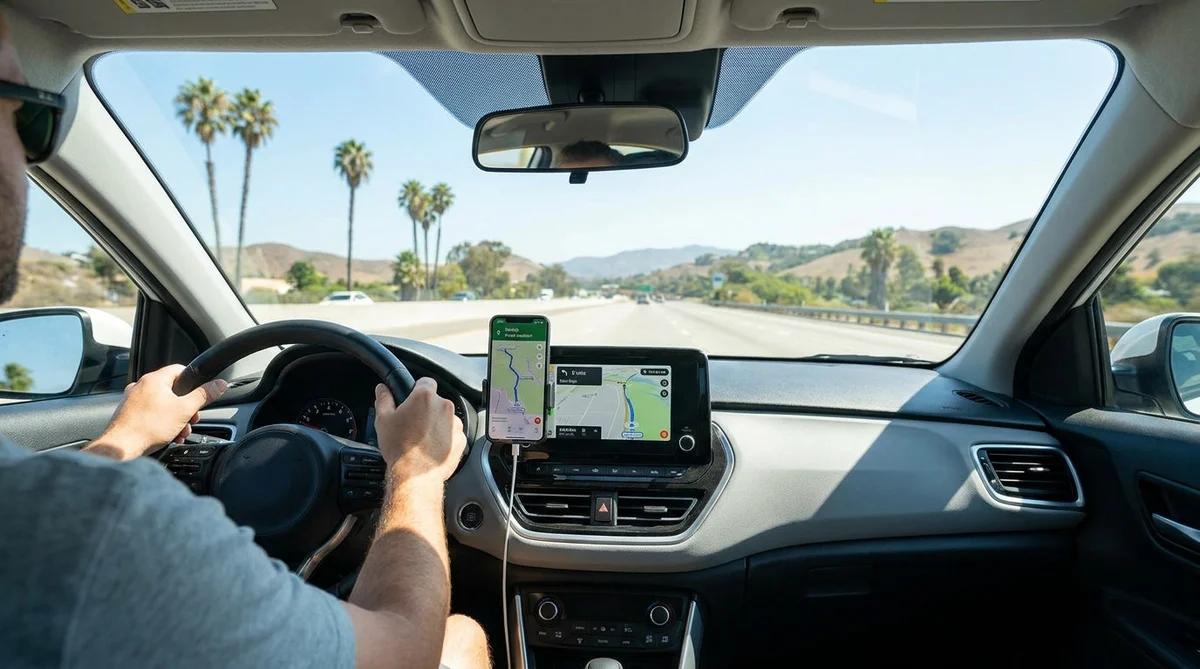 Smartphone displaying a navigation map mounted on the dashboard of a car rental on a scenic California highway