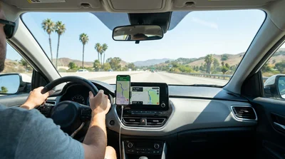 Smartphone displaying a navigation map mounted on the dashboard of a car rental on a scenic California highway