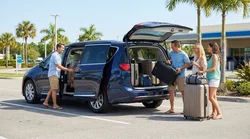 Four adults loading luggage into a spacious SUV car rental on a sunny palm-lined street in Miami