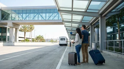 Travelers with luggage waiting for a car rental shuttle bus outside LAX Terminal 7 in Los Angeles