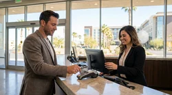 Close-up of a hand inserting a credit card into a terminal at a Las Vegas car hire counter