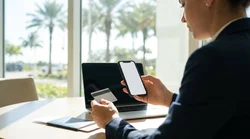 Close-up of hands holding a credit card and keys at a car hire counter in Florida