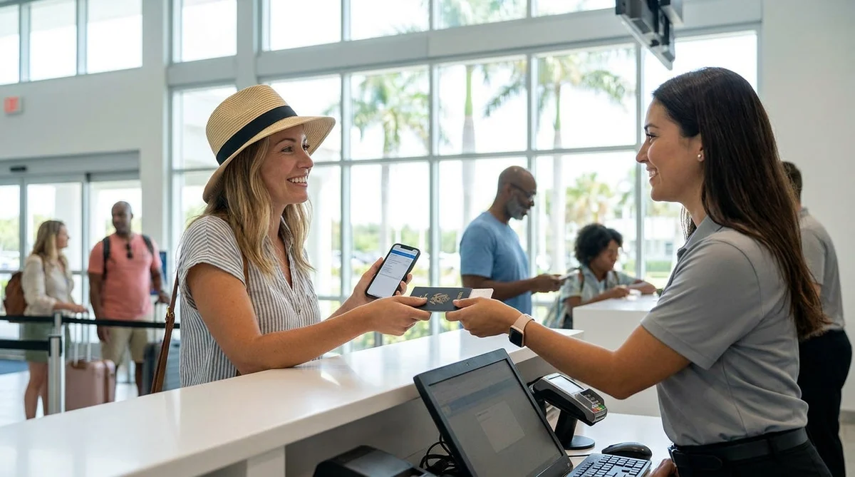 Traveler handing a passport to a customer service agent at a Florida car rental counter