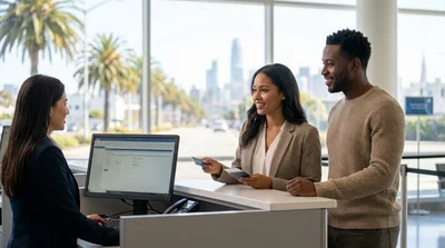 Customer handing a credit card to an agent at a car rental counter in San Francisco