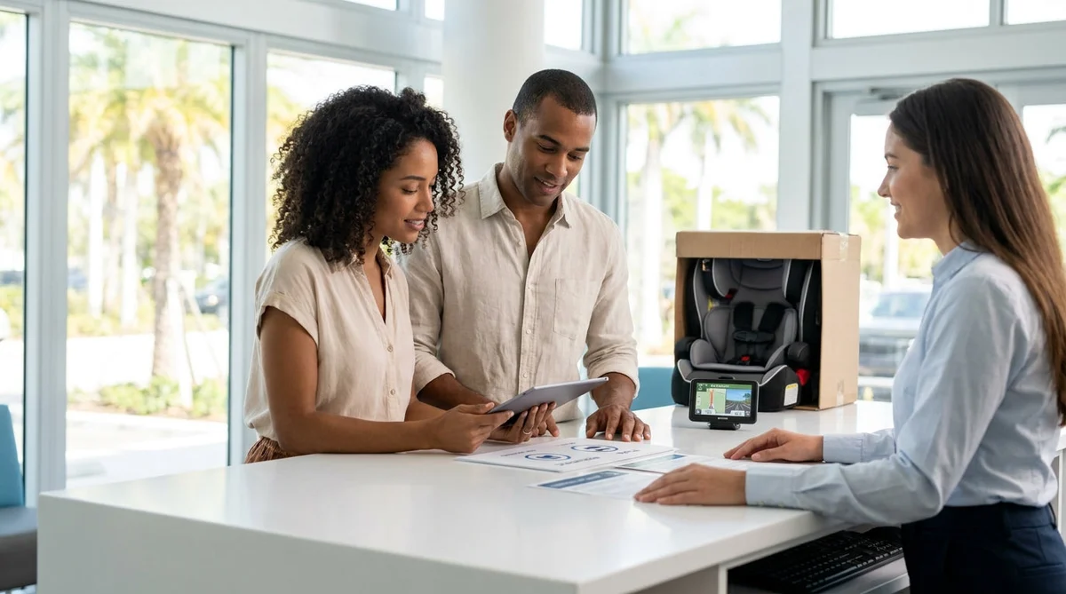 Customer receiving keys at a bright car rental desk with palm trees and the Miami skyline behind them