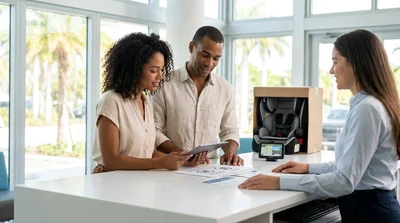 Customer receiving keys at a bright car rental desk with palm trees and the Miami skyline behind them