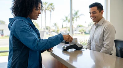Close-up of a person handing a credit card to an agent at a car rental desk in the United Estates