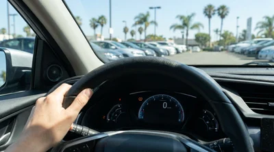Illuminated tyre pressure warning light on the dashboard of a car rental in California