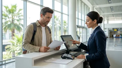 A traveler signing paperwork at an airport car hire counter in Orlando