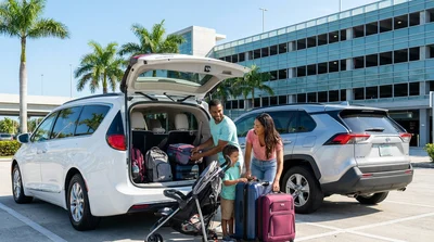 Traveler loading luggage into the open trunk of a car rental parked on a sunny palm-lined street in Miami