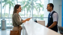Close-up of a person handing a credit card to an agent at a car hire desk in Miami