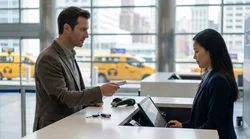 Customer handing a credit card to a car hire agent at a desk in New York