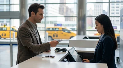 Customer handing a credit card to a car hire agent at a desk in New York