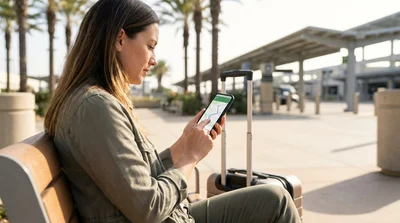 Smartphone showing a navigation map on the dashboard of a car rental driving on a California highway