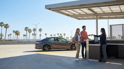 Silver car rental driving on a winding coastal highway in California overlooking the ocean