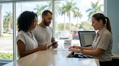 Customer handing a driving license to a clerk at a car rental desk in Florida