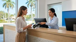 Person handing a credit card to an agent at a car rental counter in Florida