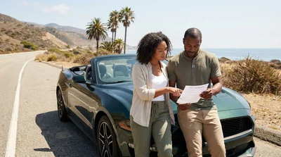 A silver car rental driving along a scenic coastal highway in sunny California