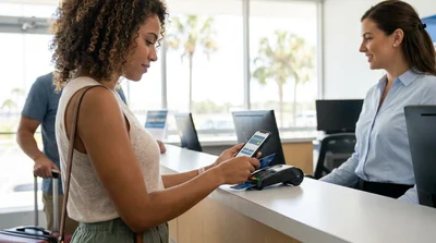 Person holding a credit card and smartphone inside a car hire vehicle in Florida