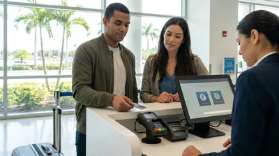 Customer handing a credit card to an agent at a car rental desk in Florida