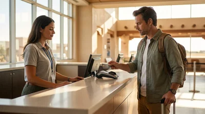 Person handing a credit card to an agent across a car hire counter in Texas