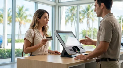 Close-up of a customer paying with a credit card at a car hire desk in Miami