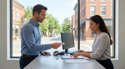 Customer handing a credit card to a car hire agent at a service desk in Pennsylvania