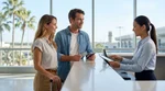 A customer handing a licence to an agent at a car rental counter in Florida