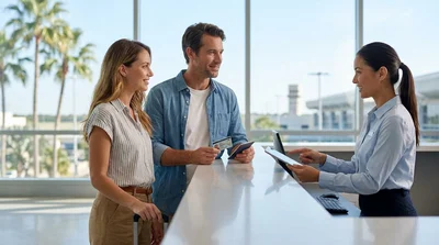 A customer handing a licence to an agent at a car rental counter in Florida