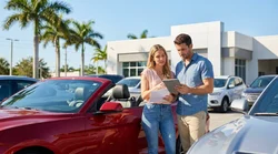 A couple loading suitcases into a car hire parked under palm trees in Florida