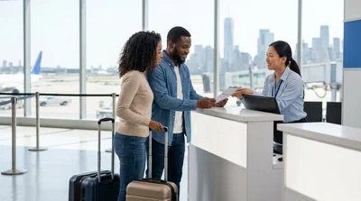 Customer receiving keys at a car rental counter inside a New York airport terminal