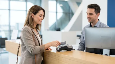 Person handing a credit card to an agent at a car hire counter in the United Estates