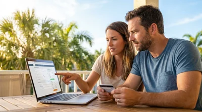 Person reviewing documents next to a white car rental on a sunny street in Florida
