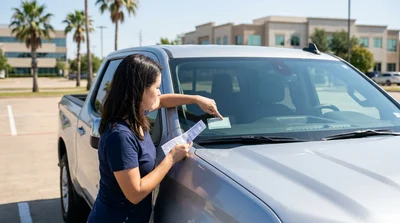 Close up of inspection stickers on the windscreen of a car rental parked outdoors in Texas